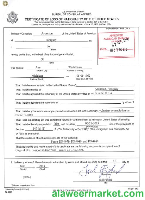 USA certificate of loss of nationality
